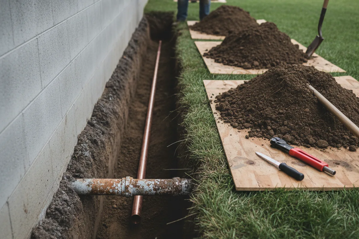 Excavated water line trench during Water Softener Installation in Haven